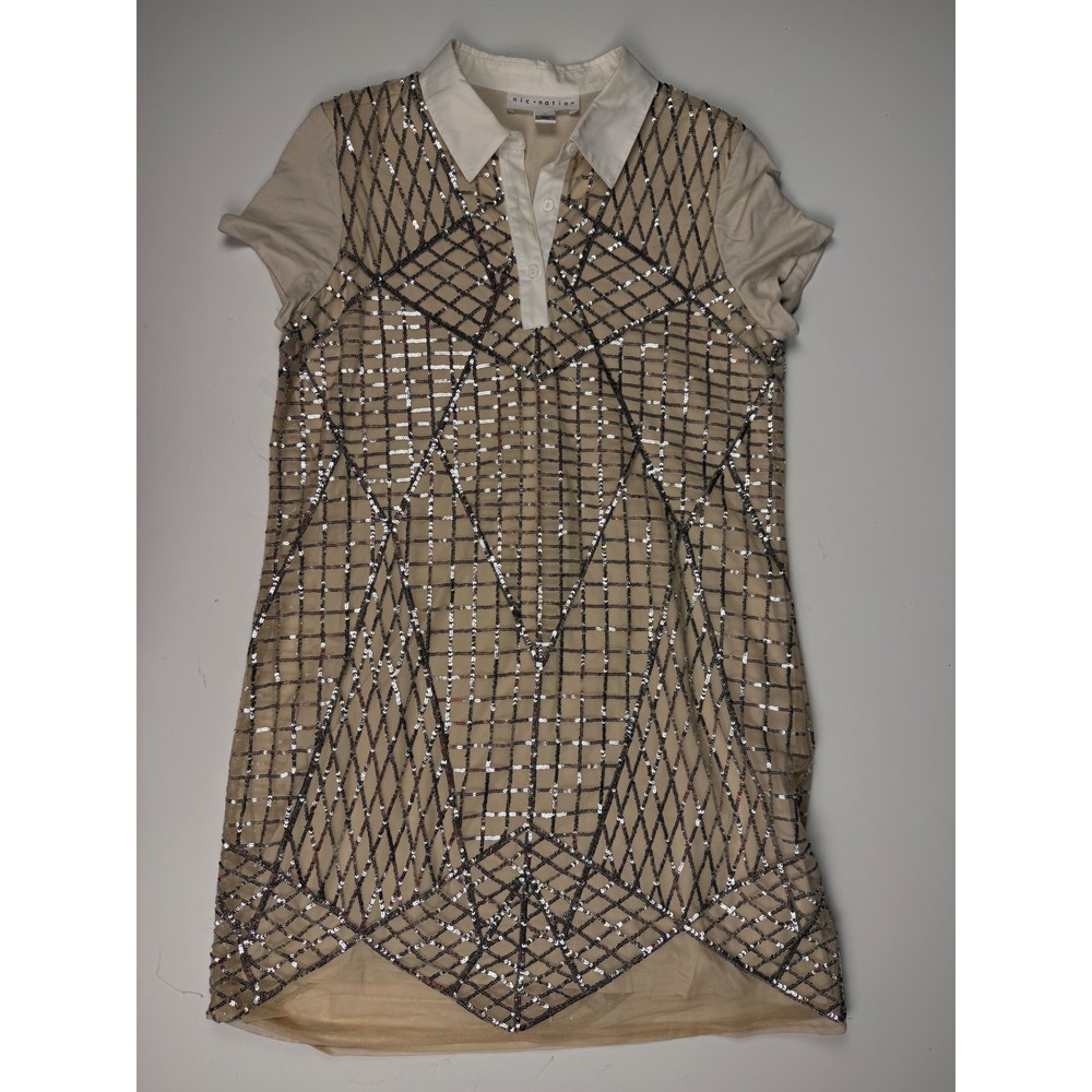Womens Formal Sequin Geometric Diamond Polo Shirt Dress Nude Gold Silver Size M